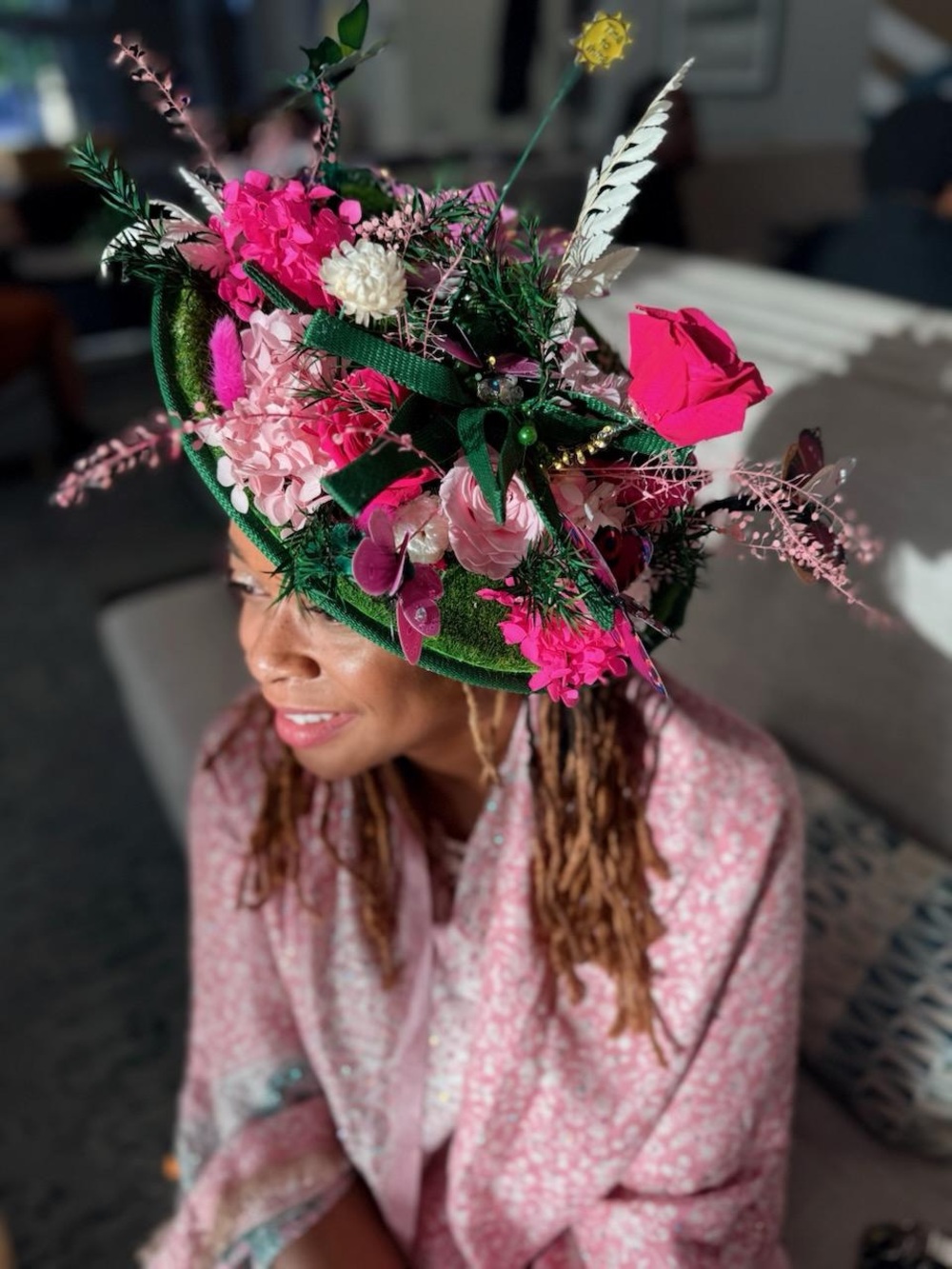 Custom Elegant Pink Floral Fascinator Hat with Green Base - Women Accessories